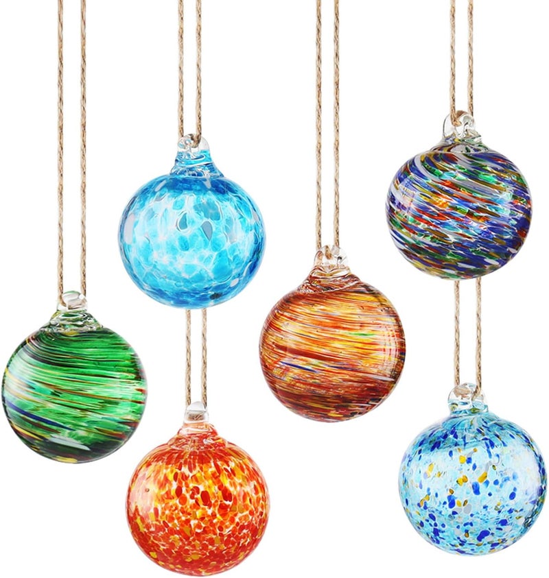 VOREEN 6-Pack Blown Glass Christmas Ornaments, 2.56" Handblown Hanging Glass Gazing Balls for Christmas Tree Decoration, Holiday Ornament Gift Set（Warm Amber & Holiday Tones） - Image 1